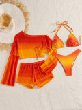 Women Gradient Halter Neck Tie Sexy Slash Shoulder Long Sleeve Top and Shorts 4 Piece Swimwear Set
