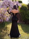 Women's Chic Off Shoulder See-Through Lace Boned Long Sleeve Evening Gown