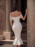 Women's White Mesh Lace Off Shoulder Mermaid Ruffle Formal Party Evening Dress