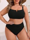 Plus Size Women's Two-Piece Solid Color V-Neck Textured High Waist Bikini Swimwear