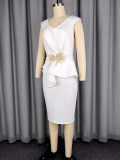 Plus Size Women White Applique V Neck Sleeveless Irregular Ruffle Elegant Formal Party Bodycon Dress