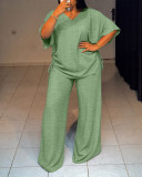 Summer Women's Casual Striped V-Neck Loose Wide-Leg Pants Set