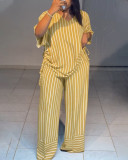 Summer Women's Casual Striped V-Neck Loose Wide-Leg Pants Set