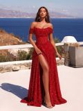 Women's Off Shoulder Slim Fit High Slit Sequin Evening Dress for Wedding Party
