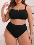 Plus Size Women's Two-Piece Solid Color V-Neck Textured High Waist Bikini Swimwear