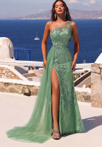 Women's Light Green Slash Shoulder Vine Sequin Long Evening Dress for Wedding Party