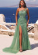 Women's Light Green Slash Shoulder Vine Sequin Long Evening Dress for Wedding Party