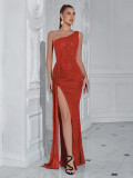 Women's Sequin One-Shoulder High Slit Formal Party Evening Gown