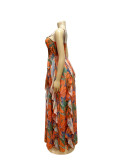 Spring Summer Women Boho Leaf Print Strap Vacation Beach Maxi Dress