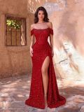 Women's Off Shoulder Sequin High Slit Long Ribbon Formal Party Evening Dress