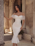 Women's White Mesh Lace Off Shoulder Mermaid Ruffle Formal Party Evening Dress
