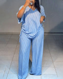 Summer Women's Casual Striped V-Neck Loose Wide-Leg Pants Set