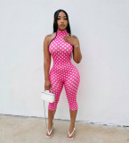 Women Spring/Summer Polka Dot Print Streetchy Halter Neck Backless Jumpsuit