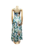 Spring Summer Women Boho Leaf Print Strap Vacation Beach Maxi Dress