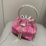 Women's Full Rhinestone Metal Ring Bucket Handbag