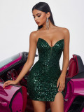 Women Black Strapless Sequin Boned Waist Zipper Slit Mini Evening Dress
