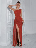 Women's Sequin One-Shoulder High Slit Formal Party Evening Gown