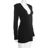 Women Autumn Solid Patchwork U Neck Long Sleeve Blazer Dress