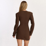 Women Autumn Solid Patchwork U Neck Long Sleeve Blazer Dress