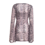 Women Autumn Halter Cami Top Cowl Neck Printed Flare Sleeve Dress