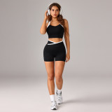 Women Yoga Color Block Cross Tank Top & Shorts Fitness Two Piece Set