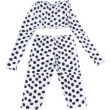 Women Summer Polka Dot Print Long Sleeve Crop Top & Shorts Two Piece Set