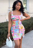 Women Holiday Print Cami Square Neck Split Sexy Bodycon Dress