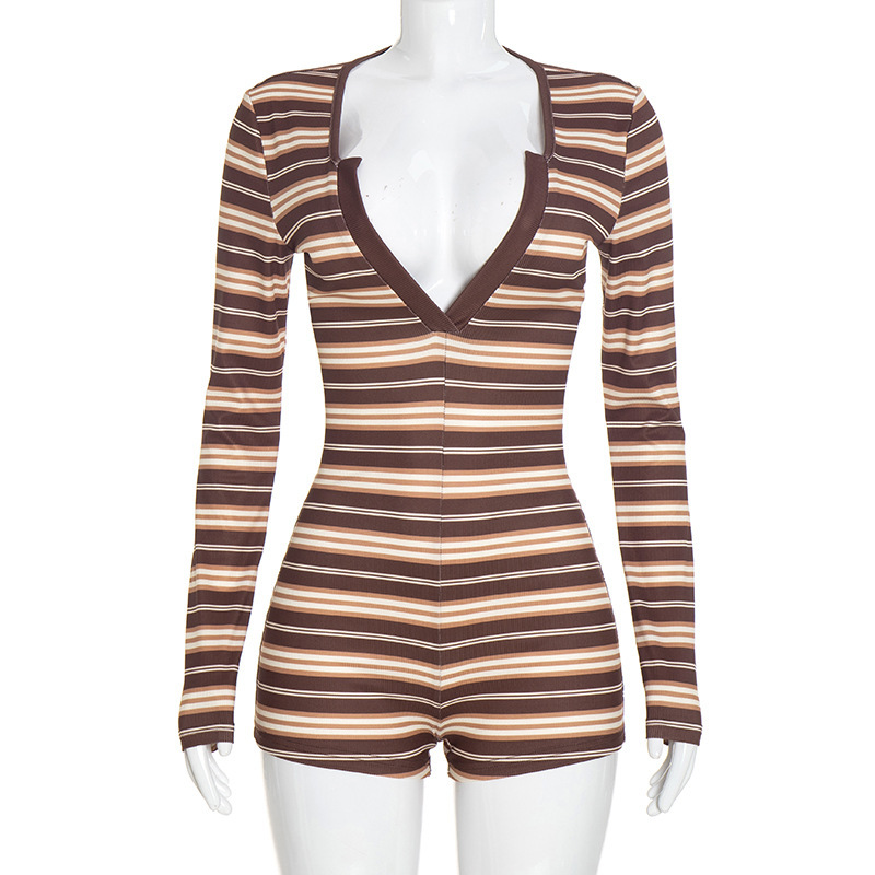 Striped V-Neck Long Sleeve Jumpsuit for Clubwear