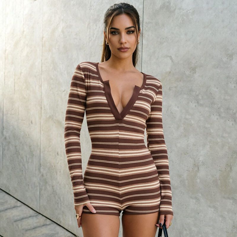 Striped V-Neck Long Sleeve Jumpsuit for Clubwear
