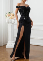 Women Off Shoulder Black Sequin Sleeveless Patchwork Split Evening Dress Women Off Shoulder Black Sequin Sleeveless Patchwork Split Evening Dress