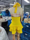 Women Summer Halter Neck Tie Backless Ruffle Mini Skort Romper