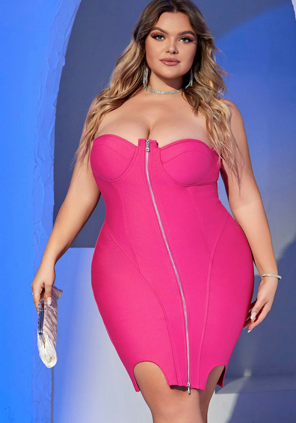 Plus Size Women Summer Sexy Strapless Zipper Bandage Bodycon Dress
