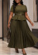 Plus Size Women Olive Green Round Neck Short Sleeve Top & Pleated Skirt Two Piece Set