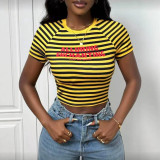 Women Summer American Stripe Letter Print Short Sleeve T-Shirt
