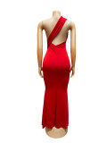 Women's Solid Color Slash Shoulder Ruched Slim Fit Low Back Bodycon Long Dress