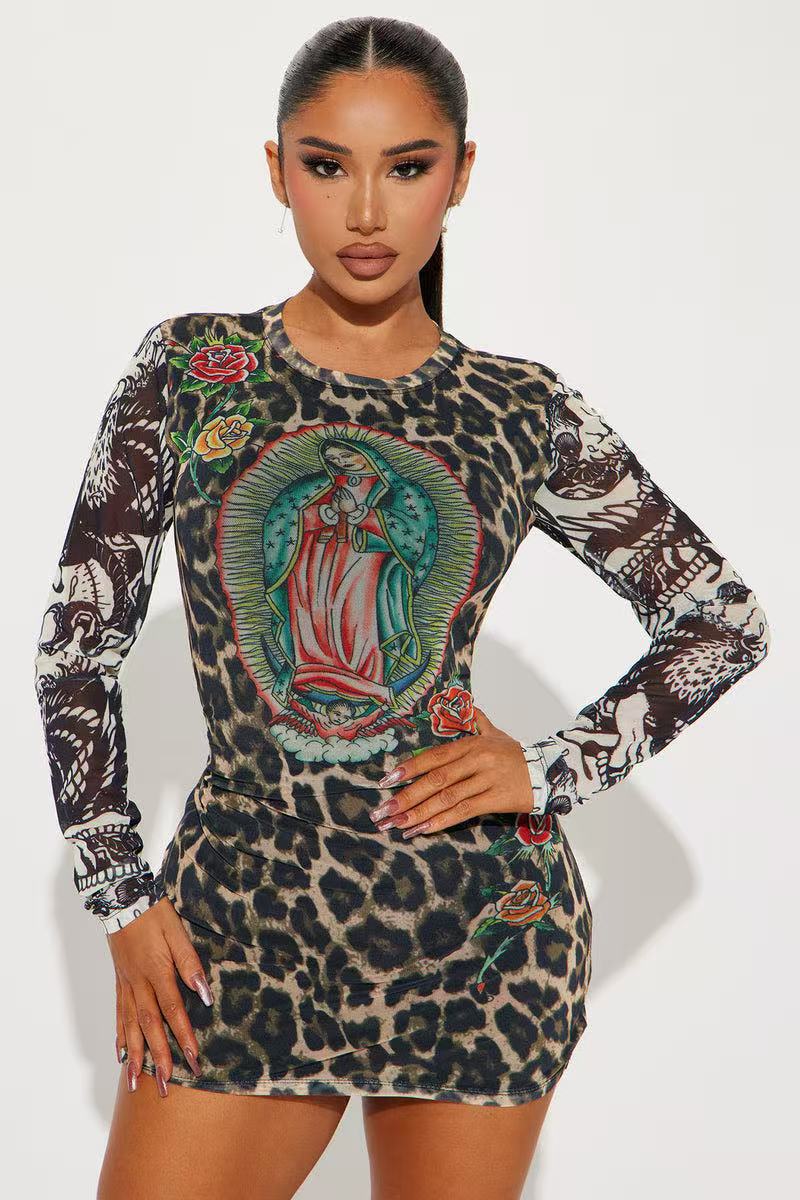 Printed Long Sleeve Bodycon Dress for Evening Wear
