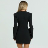Women Autumn Solid Patchwork U Neck Long Sleeve Blazer Dress