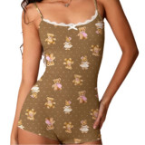 Women Cartoon Printed Ribbed Lace Trim Cami Romper