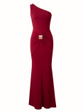 Women Sexy Ruched Single Shoulder Bodycon Mermaid Evening Dress with Metal Buttons