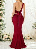 Women Sexy Ruched Single Shoulder Bodycon Mermaid Evening Dress with Metal Buttons