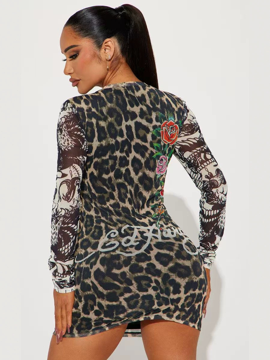 Printed Long Sleeve Bodycon Dress for Evening Wear