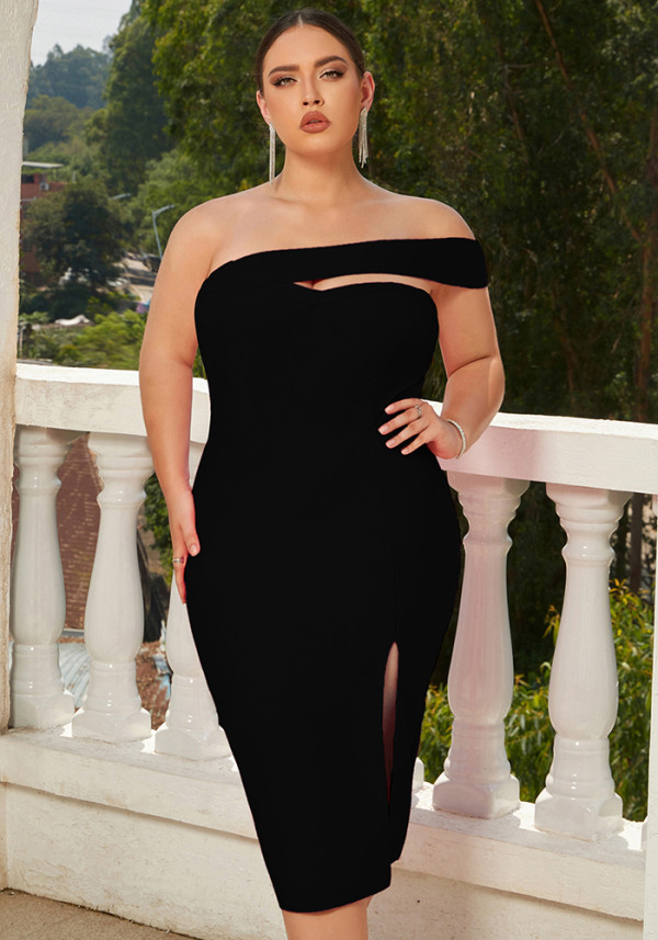 Plus Size Women Solid Stretchy Split Bandage Evening Dress