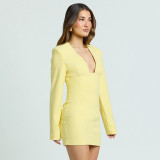 Women Autumn Solid Patchwork U Neck Long Sleeve Blazer Dress