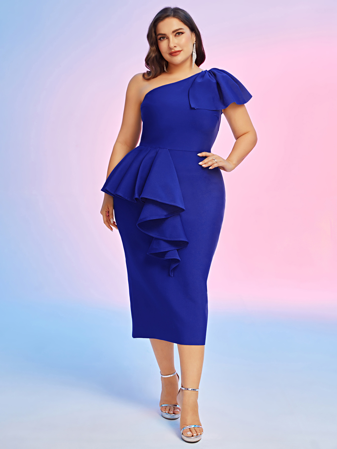 Plus Size One-Shoulder Ruffle Bandage Evening Dress