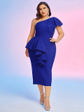 Plus Size Women Elegant One Shoulder Ruffle Bandage Evening Dress