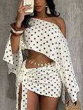 Women Summer Polka Dot Slash Shoulder Irregular Top Lace-Up Ruched Bodycon Dress