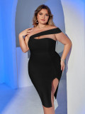 Plus Size Women Solid Stretchy Split Bandage Evening Dress