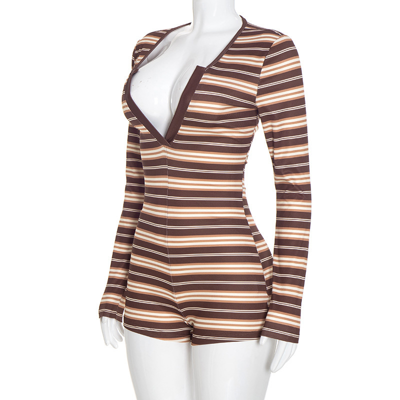 Striped V-Neck Long Sleeve Jumpsuit for Clubwear