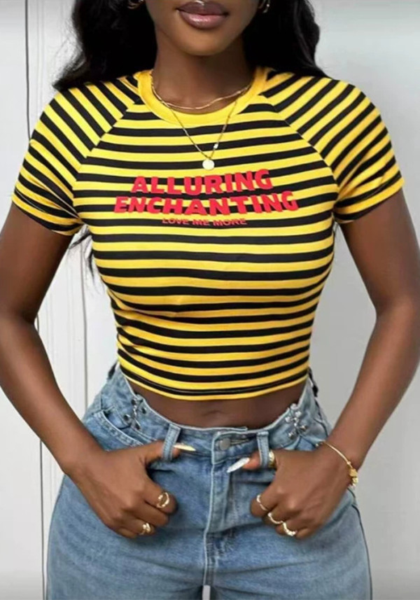 Women Summer American Stripe Letter Print Short Sleeve T-Shirt