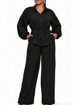 Women Elegant Casual Turndown Collar Shirt & Wide Leg Pants Two Piece Set